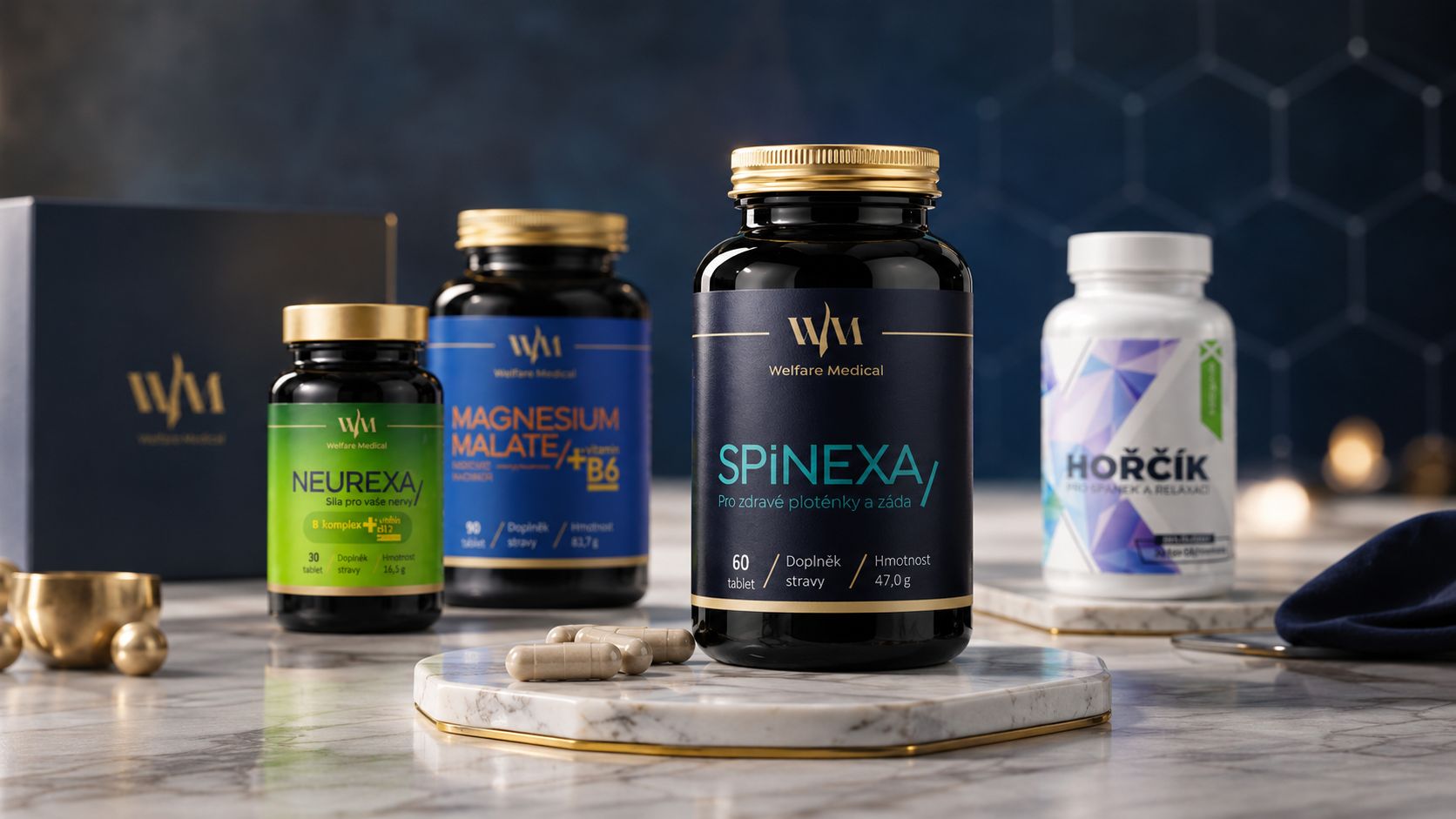 Doplňky stravy SPINEXA, NEUREXA a hořčíky v prémiové produktové aranži